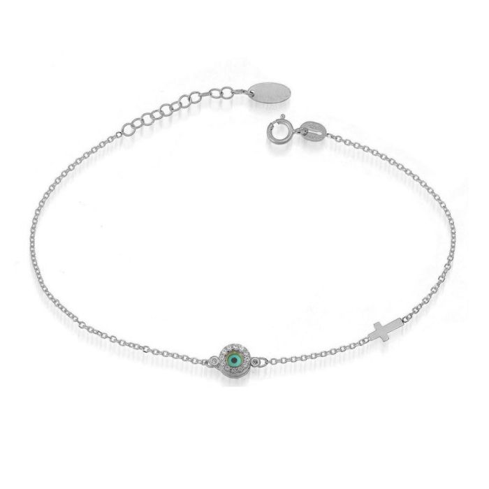 White gold women's bracelet with a small eye and a small cross 9CT HVM0037