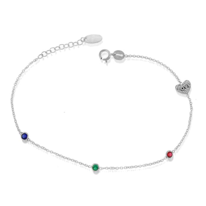 White gold women's bracelet with colored stones and heart 9CT HVM0046