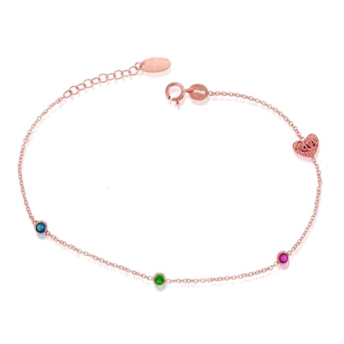 Pink gold women's bracelet with colored stones and heart 9CT HVM0045