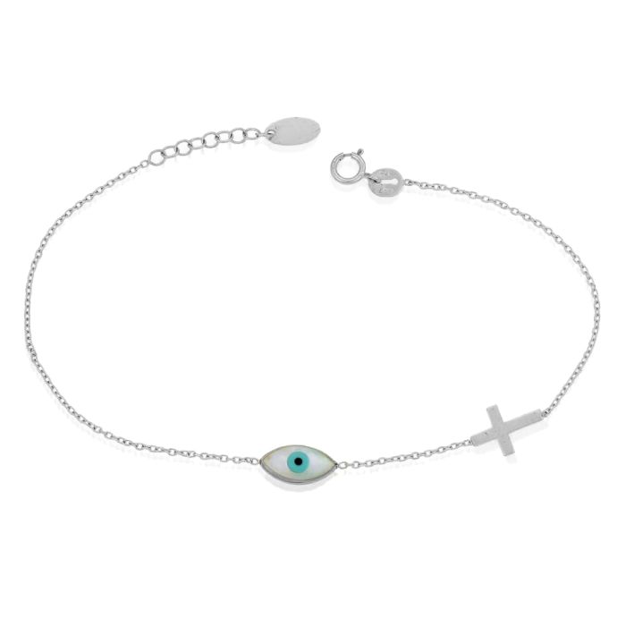 White gold women's bracelet with a small eye and a small cross 9CT HVM0040
