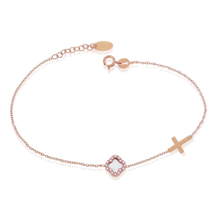 Pink gold women's bracelet with small cross and zirkon 9CT HVM0035