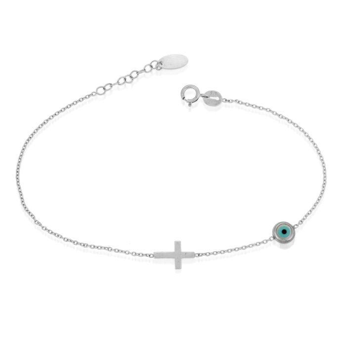 White gold women's bracelet with a small eye and a small cross 9CT HVM0024