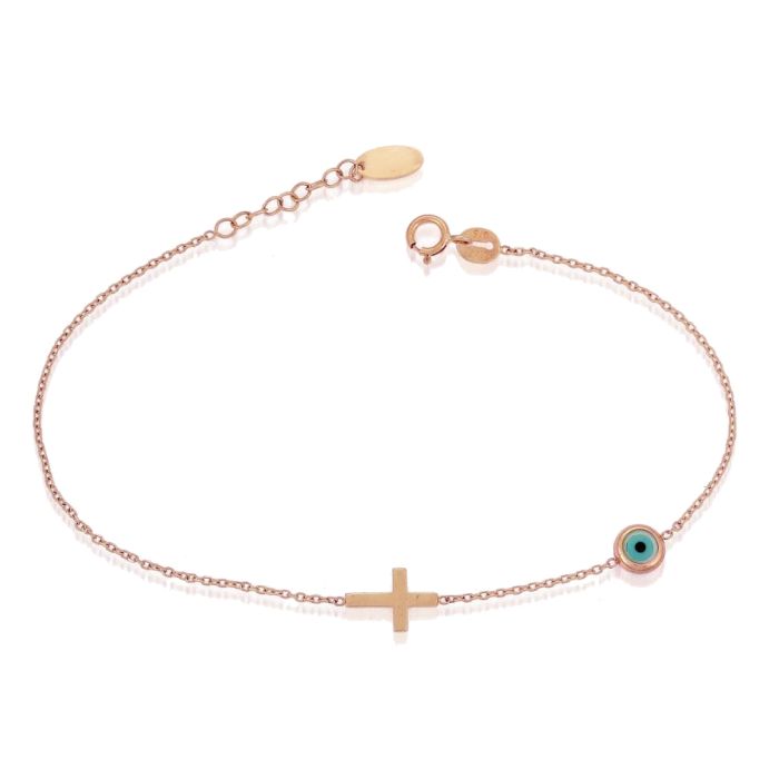 Pink gold women's bracelet with a small eye and a small cross 9CT HVM0026