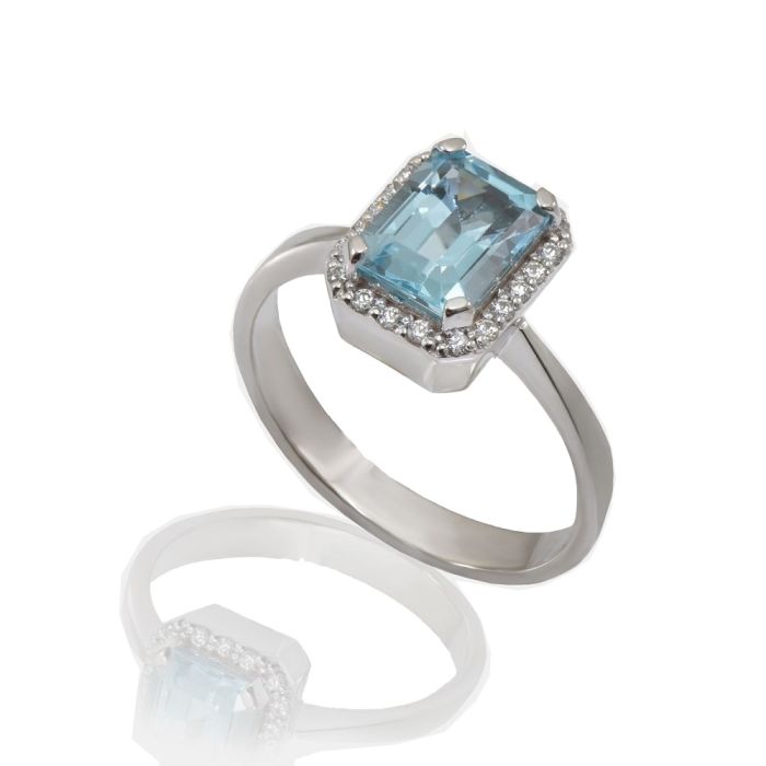 Women's white gold ring 9CT with Blue Topaz and zirkon HDU0009