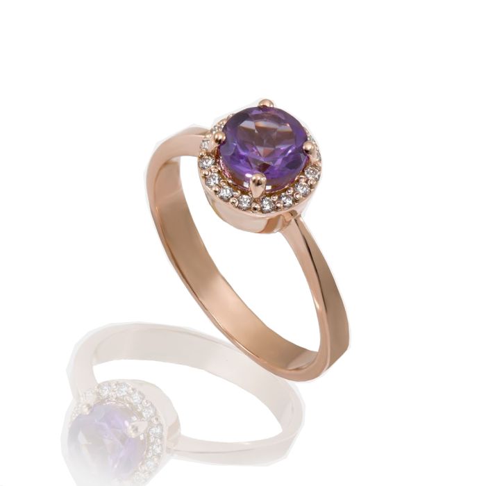 Women's pink gold ring 9CT with amethyst and zirkon HDU0011